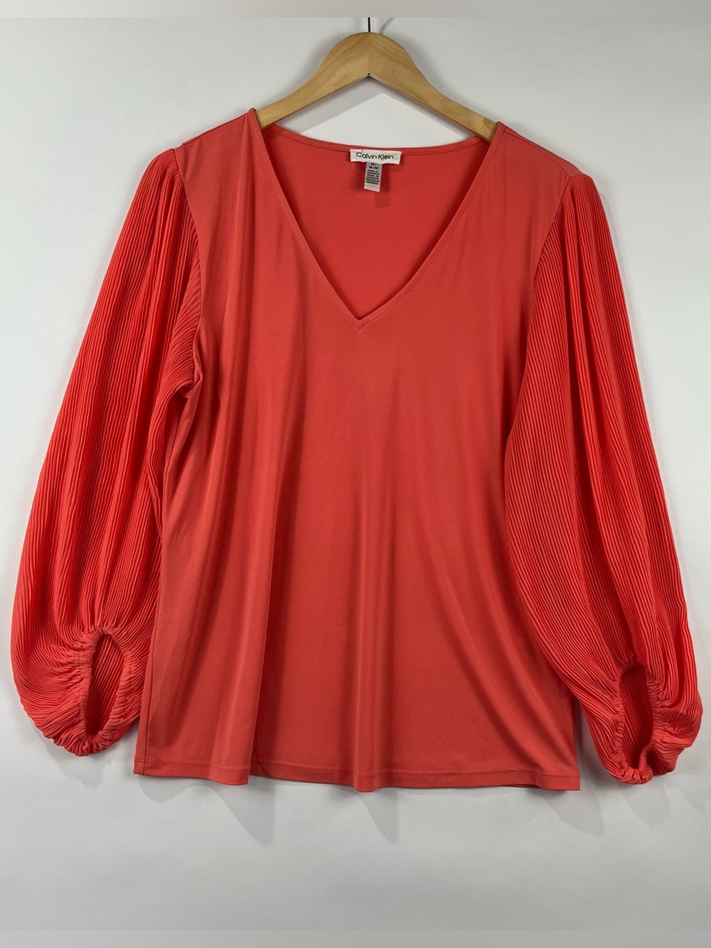 Calvin Klein M Pleated Balloon Sleeve V-Neck Blouse